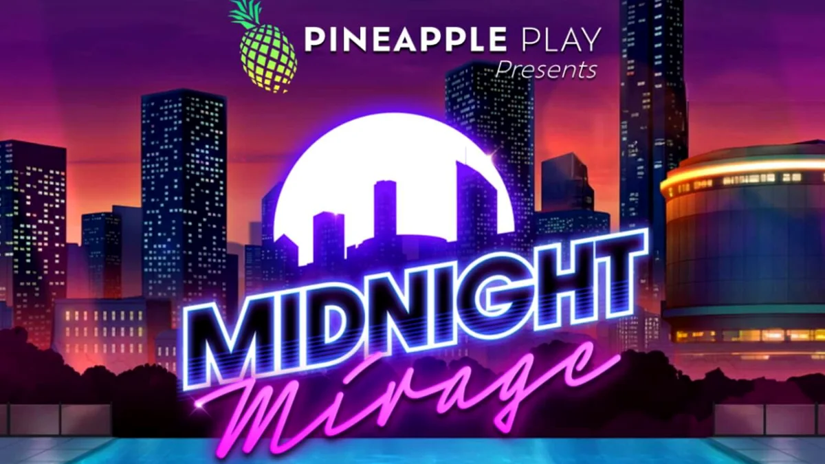 Tampilan visual slot Midnight Mirage dengan nuansa neon Miami Vice yang mewah