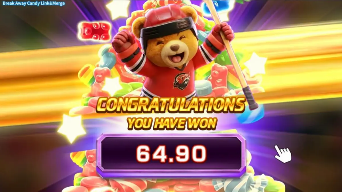 Tampilan visual slot Break Away Candy Link&Merge dengan tema hoki dan permen